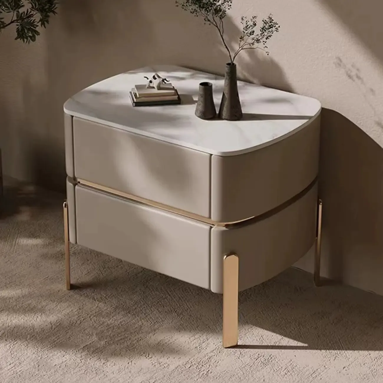 Glam Beige Leather Stone Top 2-Drawer Nightstand Image - 3