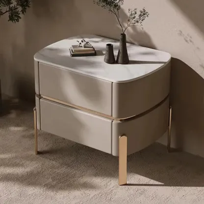 Glam Beige Leather Stone Top 2-Drawer Nightstand Image - 3