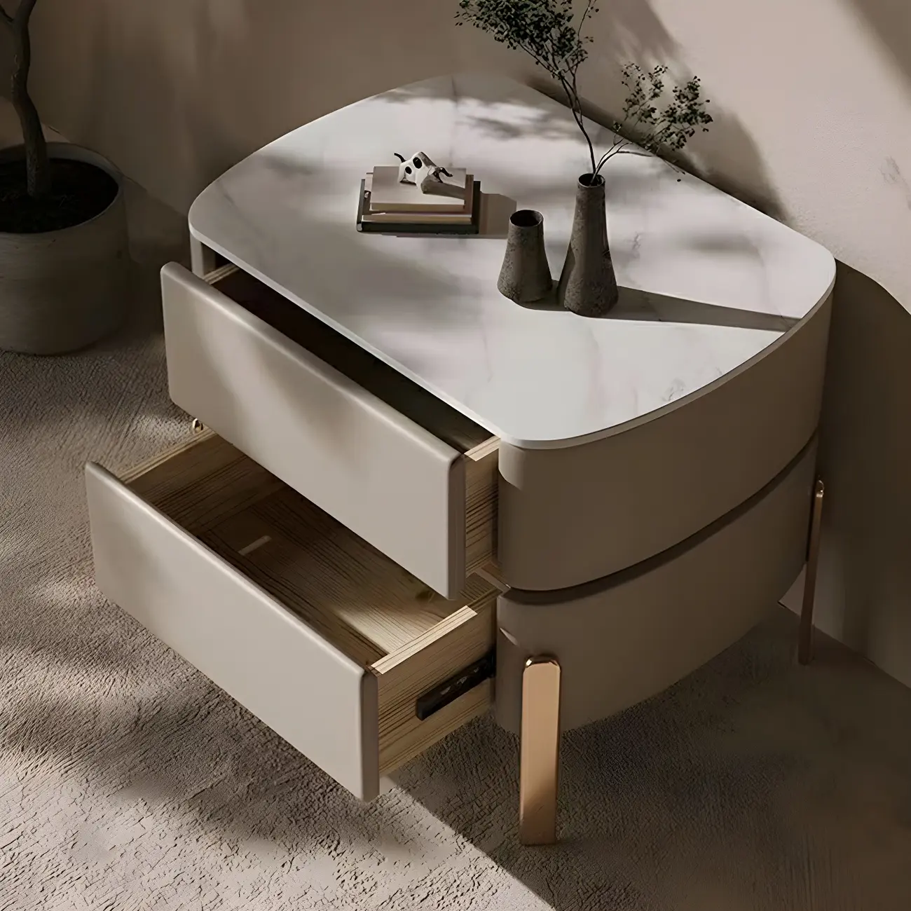 Glam Beige Leather Stone Top 2-Drawer Nightstand Image - 4 | homeyfad