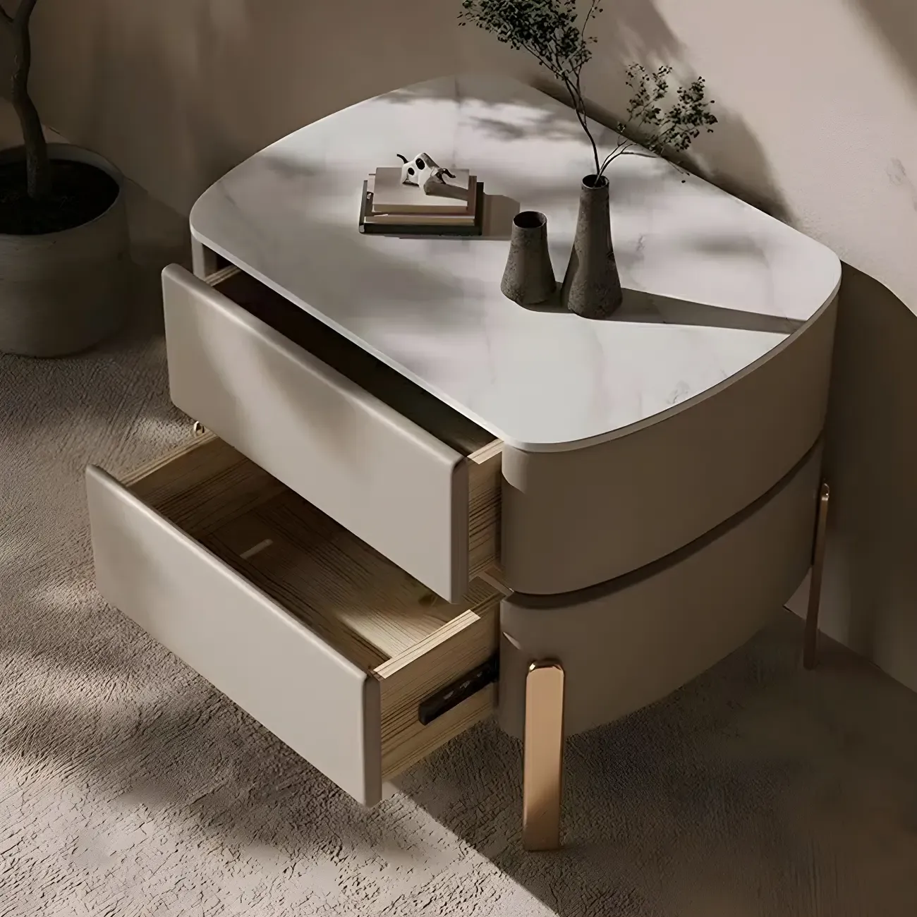 Glam Beige Leather Stone Top 2-Drawer Nightstand Image - 4