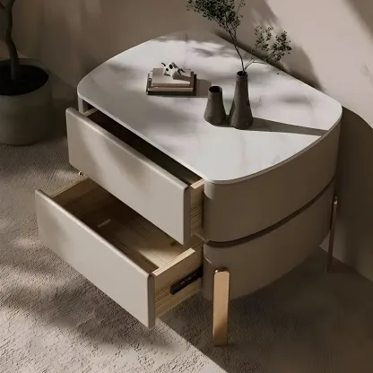 Glam Beige Leather Stone Top 2-Drawer Nightstand Image - 4