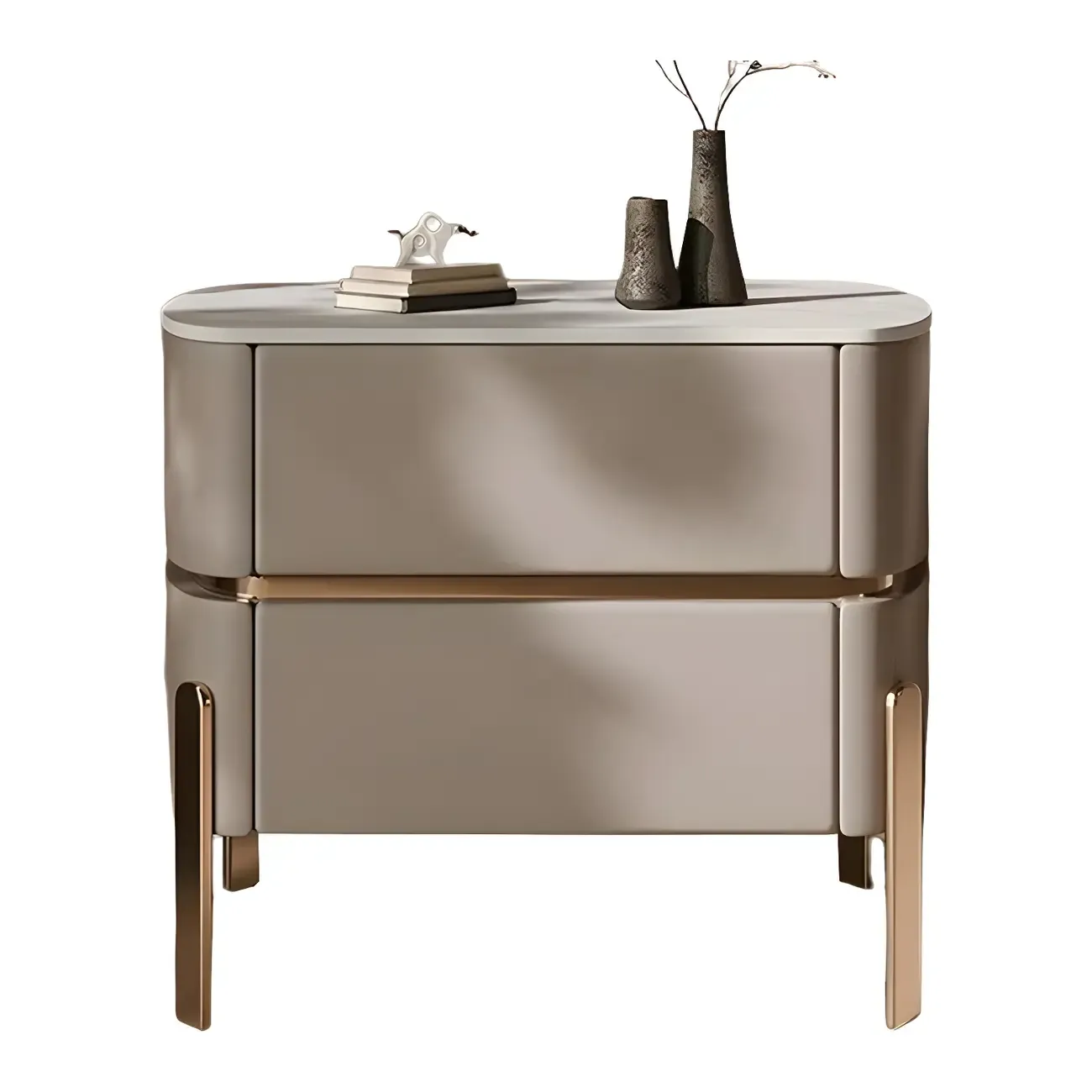 Glam Beige Leather Stone Top 2-Drawer Nightstand Image - 6