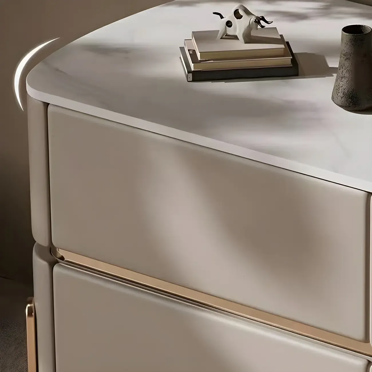 Glam Beige Leather Stone Top 2-Drawer Nightstand Image - 8