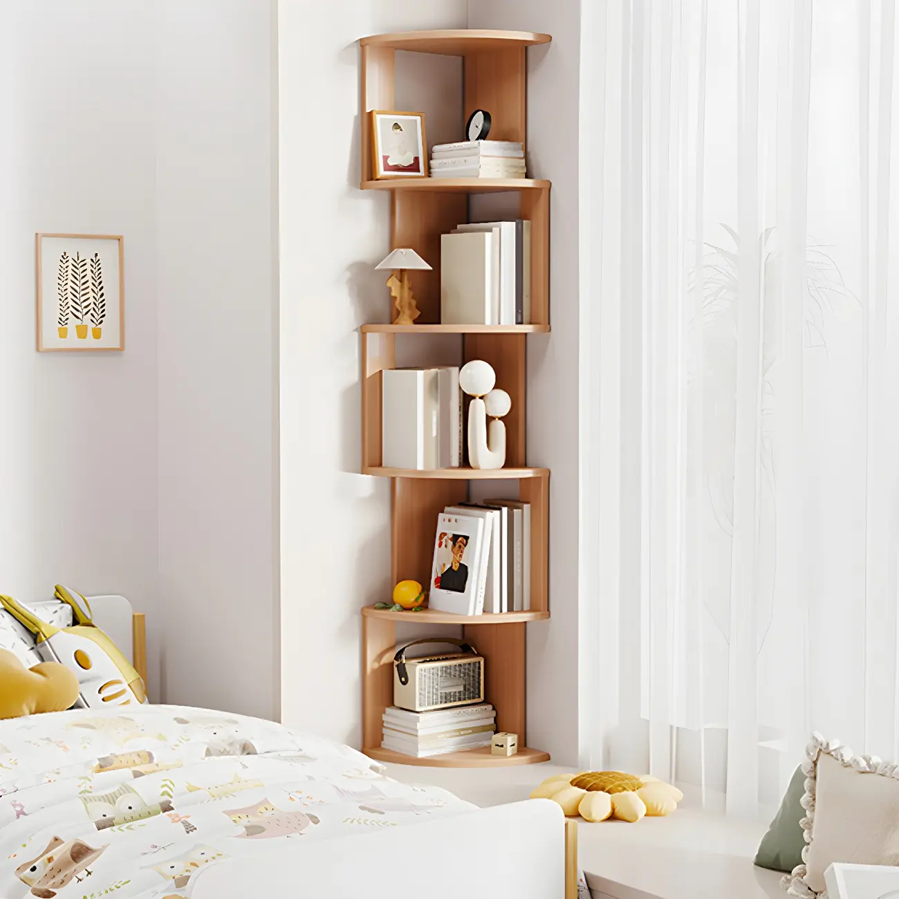 Tall 5-Tier Wooden Corner Bookcase for Small Spaces Image - 1 | homeyfad