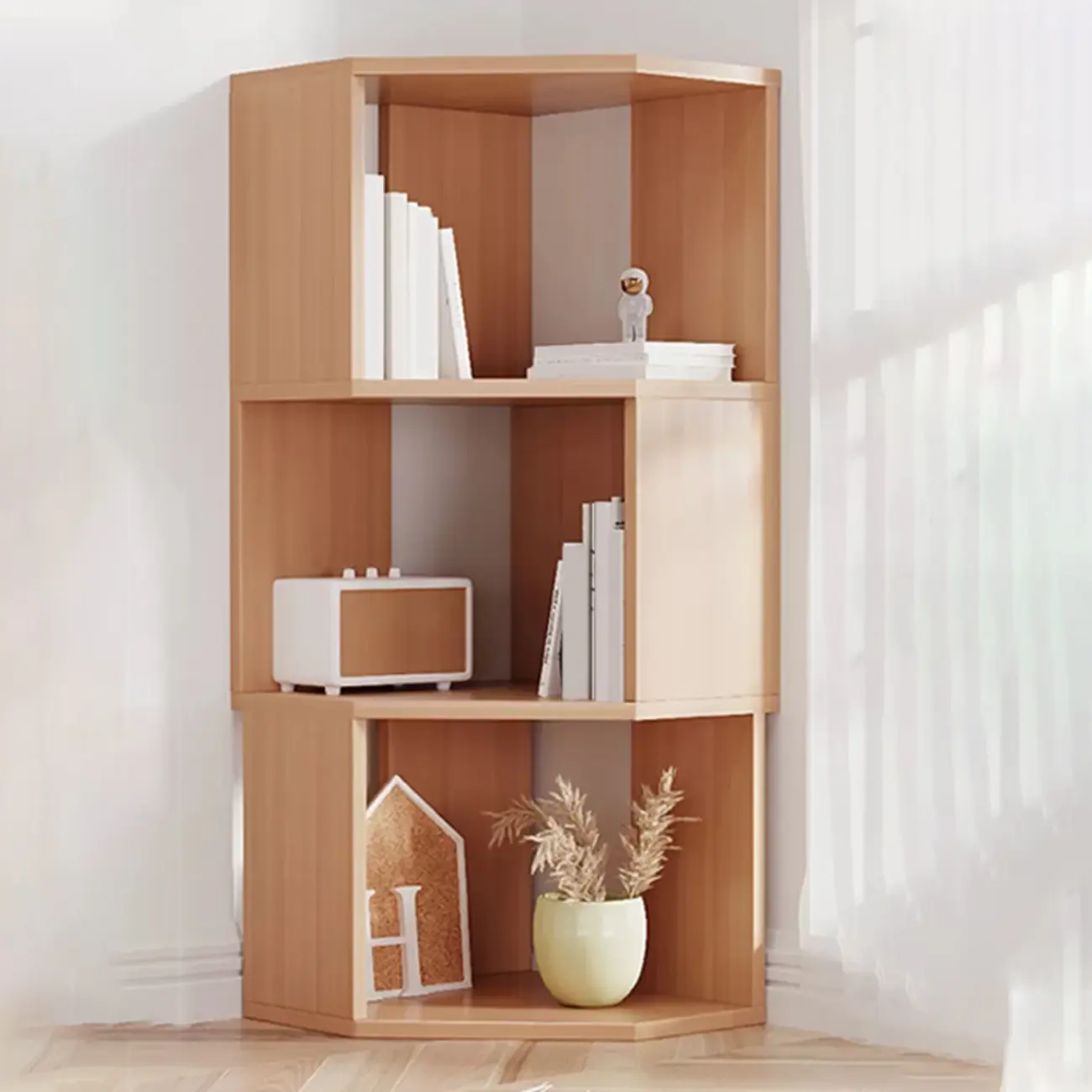 Tall 5-Tier Wooden Corner Bookcase for Small Spaces Image - 3 | homeyfad