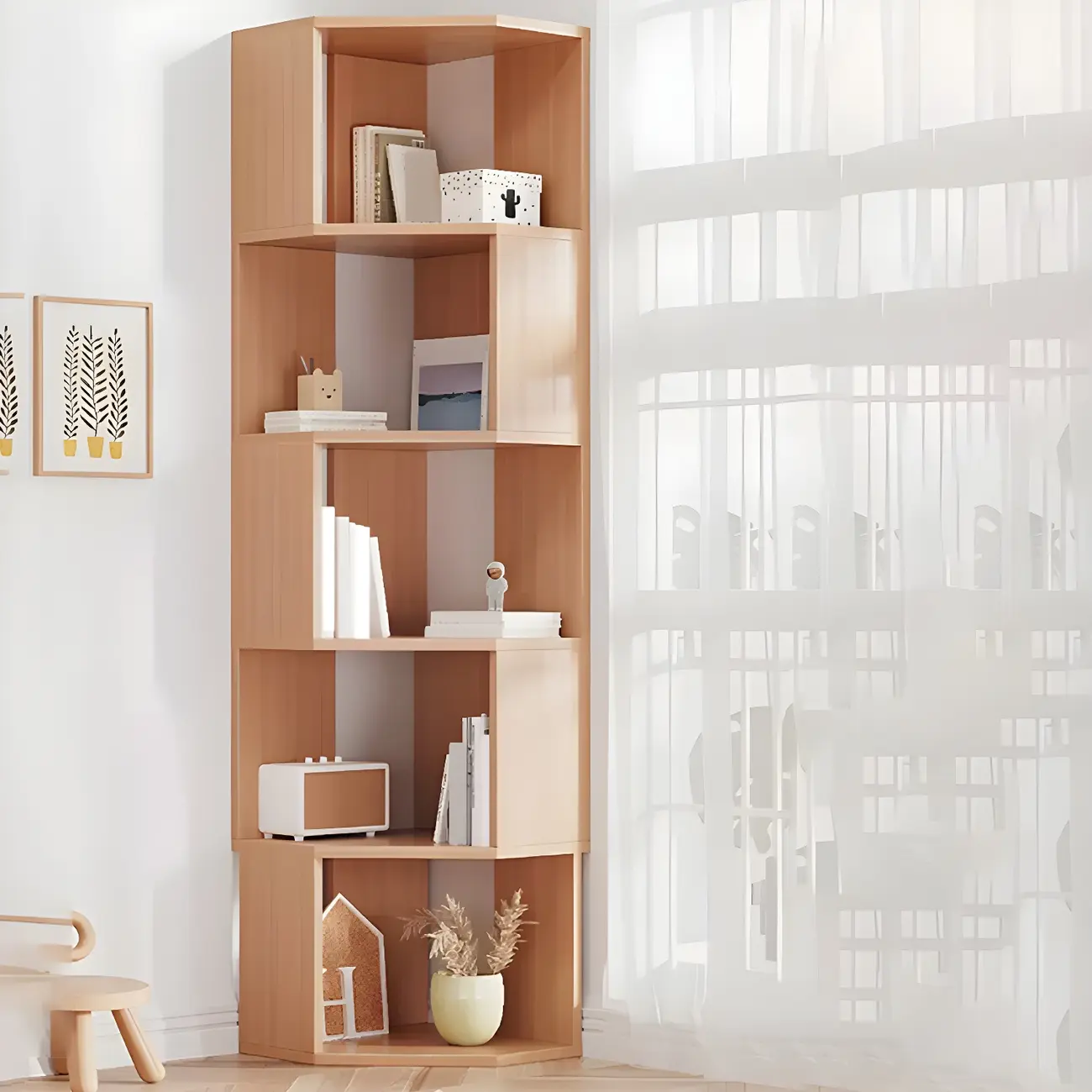 Tall 5-Tier Wooden Corner Bookcase for Small Spaces Image - 4 | homeyfad