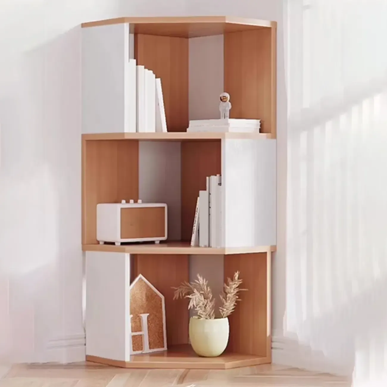 Tall 5-Tier Wooden Corner Bookcase for Small Spaces Image - 5