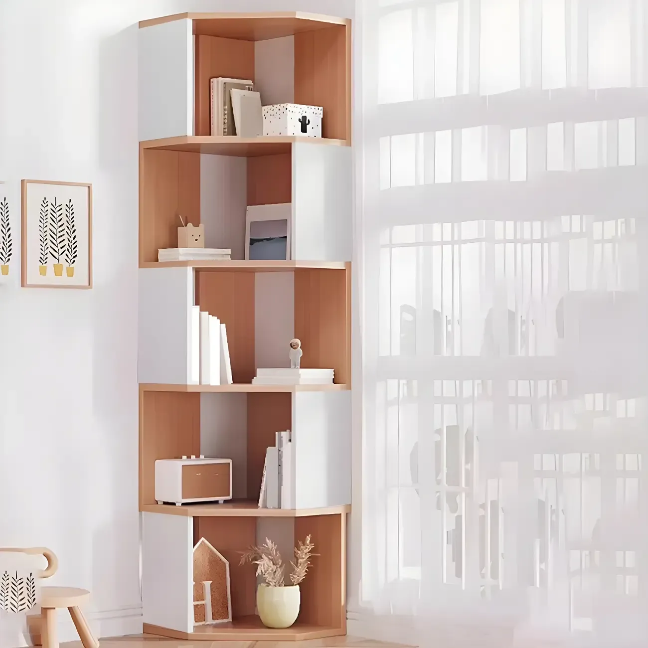 Tall 5-Tier Wooden Corner Bookcase for Small Spaces Image - 6