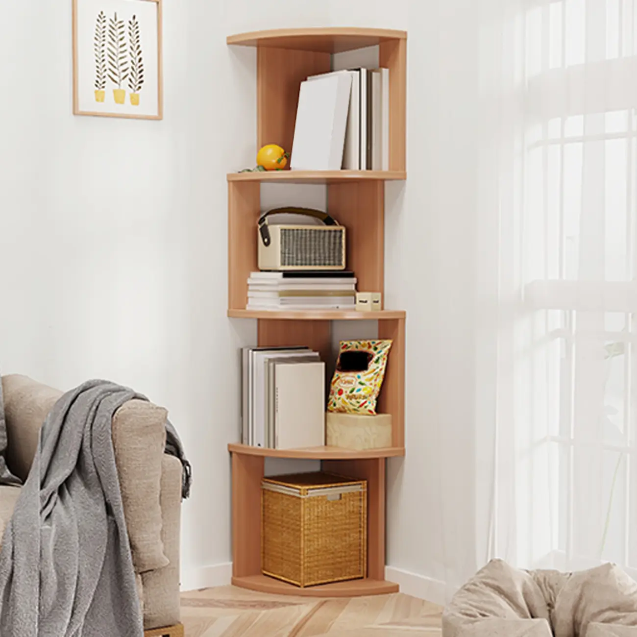Tall 5-Tier Wooden Corner Bookcase for Small Spaces Image - 10 | homeyfad