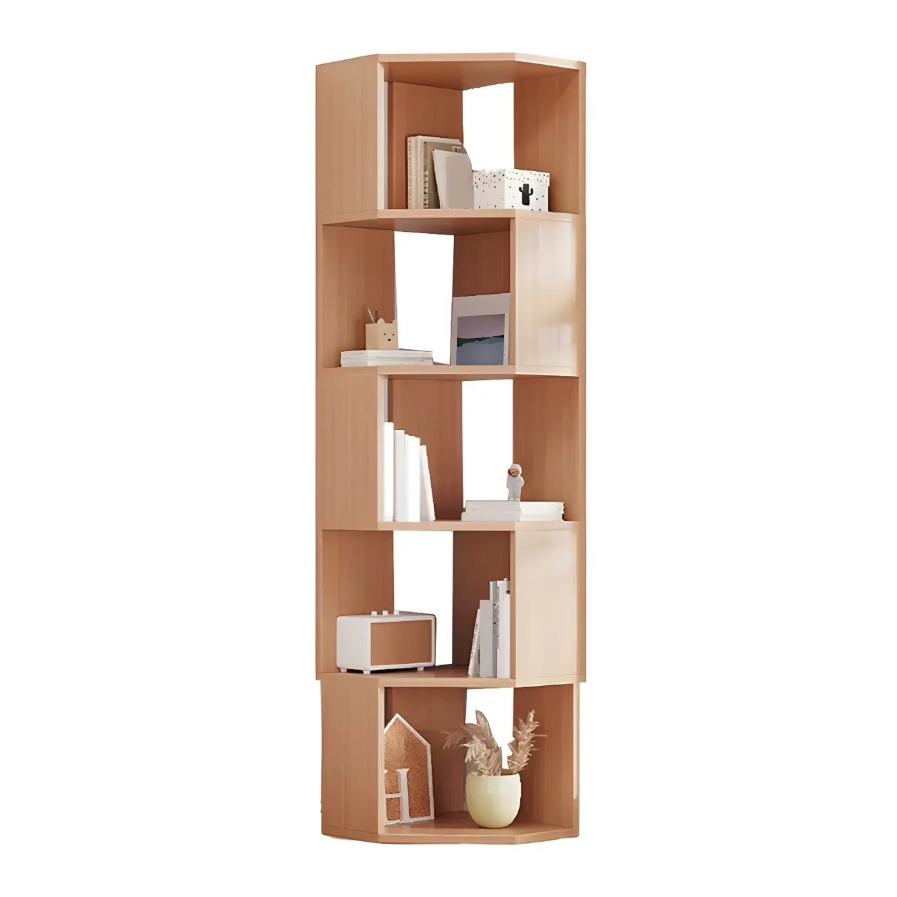 Tall 5-Tier Wooden Corner Bookcase for Small Spaces Image - 11 | homeyfad