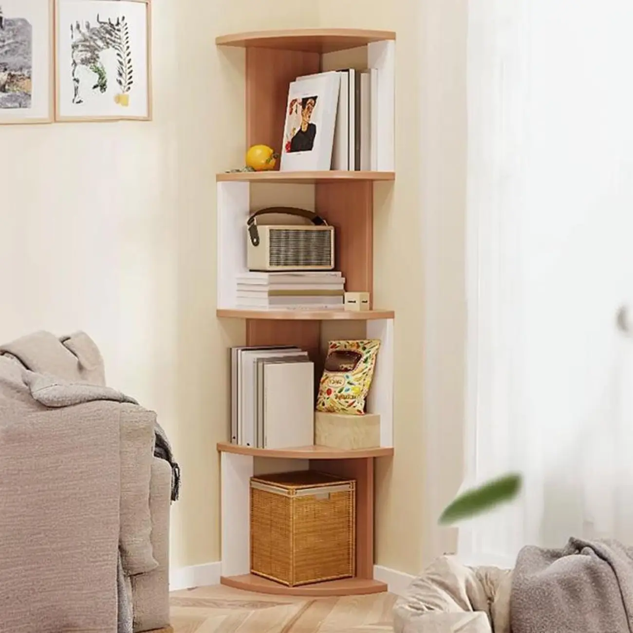 Tall 5-Tier Wooden Corner Bookcase for Small Spaces Image - 13 | homeyfad