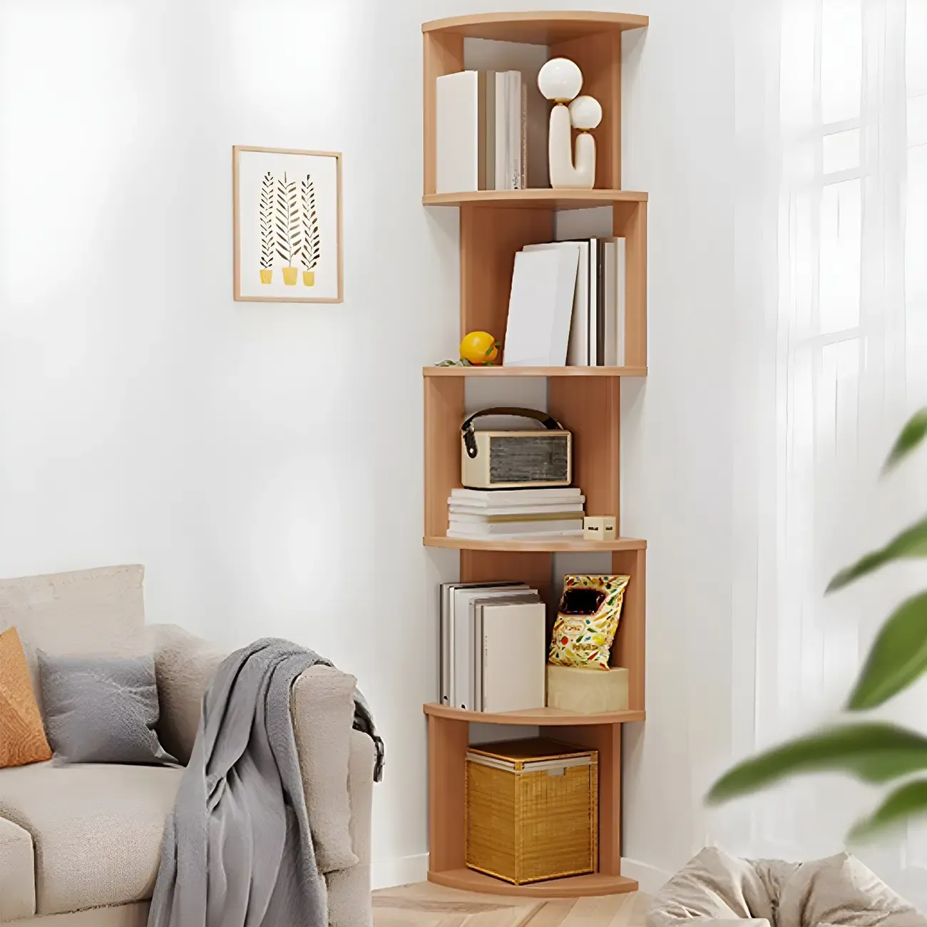 Tall 5-Tier Wooden Corner Bookcase for Small Spaces Image - 2