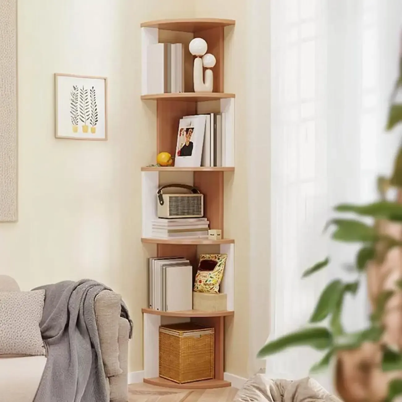 Tall 5-Tier Wooden Corner Bookcase for Small Spaces Image - 15