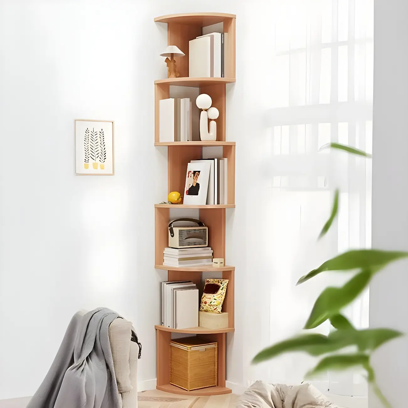 Tall 5-Tier Wooden Corner Bookcase for Small Spaces Image - 17 | homeyfad