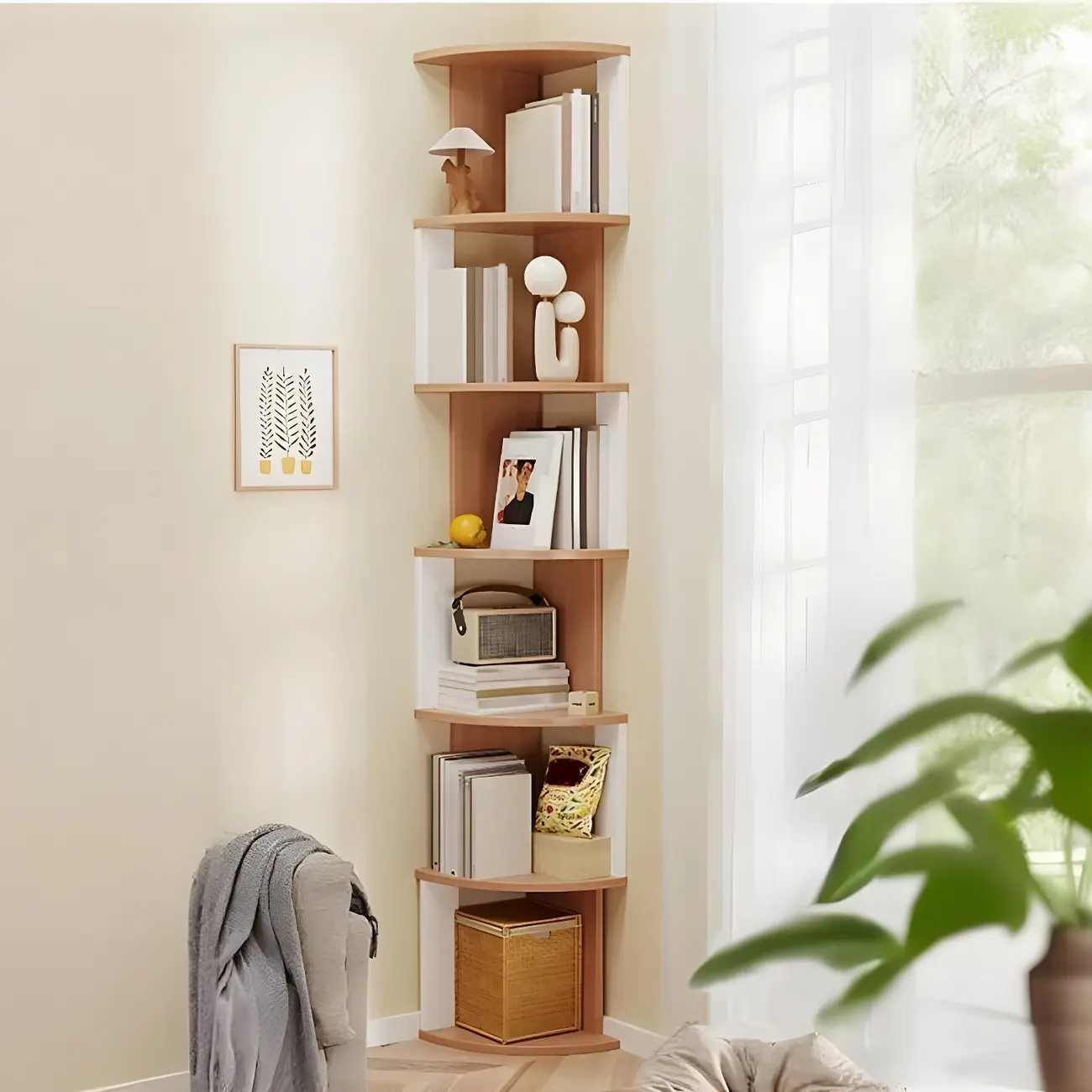Tall 5-Tier Wooden Corner Bookcase for Small Spaces Image - 18 | homeyfad