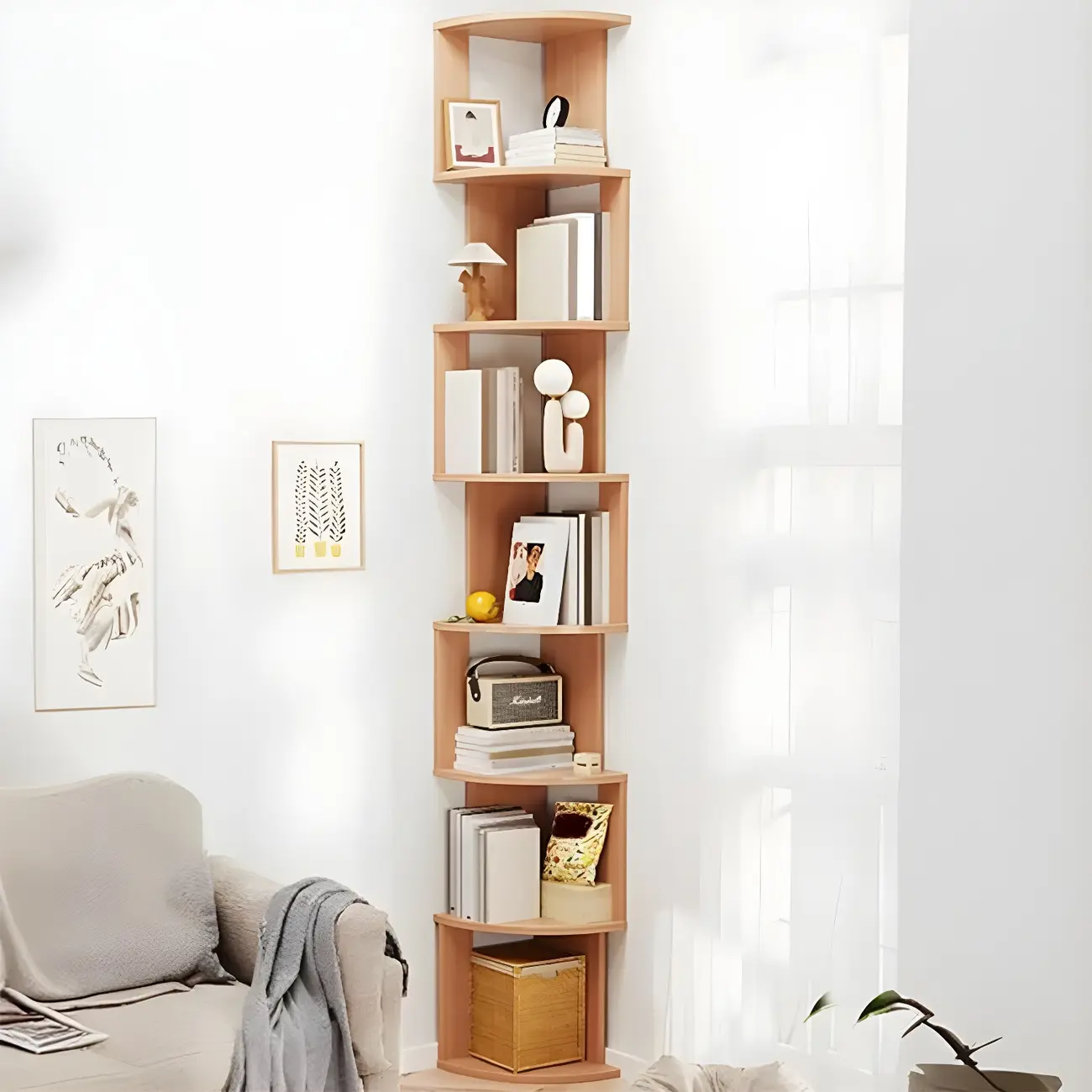 Tall 5-Tier Wooden Corner Bookcase for Small Spaces Image - 19 | homeyfad