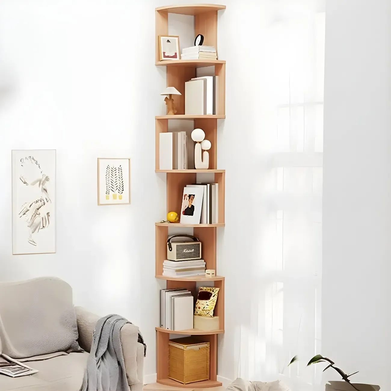 Tall 5-Tier Wooden Corner Bookcase for Small Spaces Image - 19