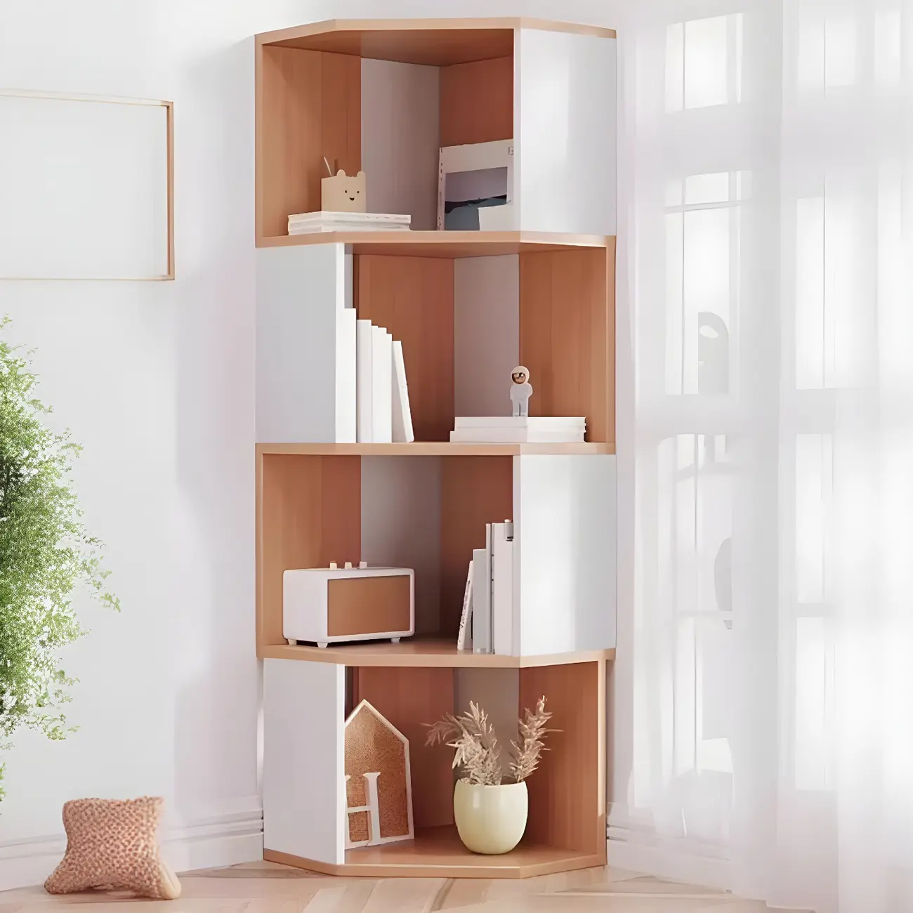 Tall 5-Tier Wooden Corner Bookcase for Small Spaces Image - 22 | homeyfad