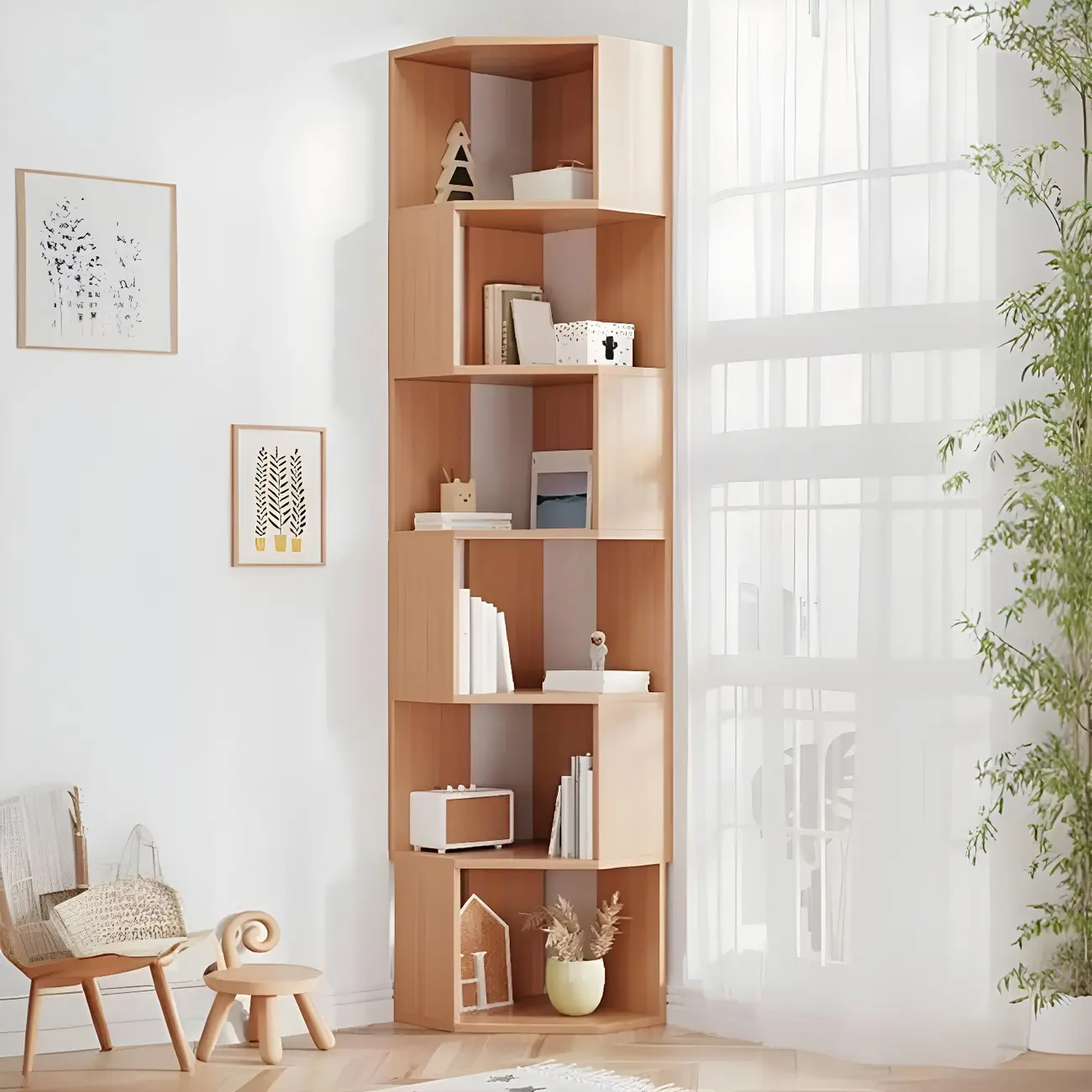 Tall 5-Tier Wooden Corner Bookcase for Small Spaces Image - 23 | homeyfad