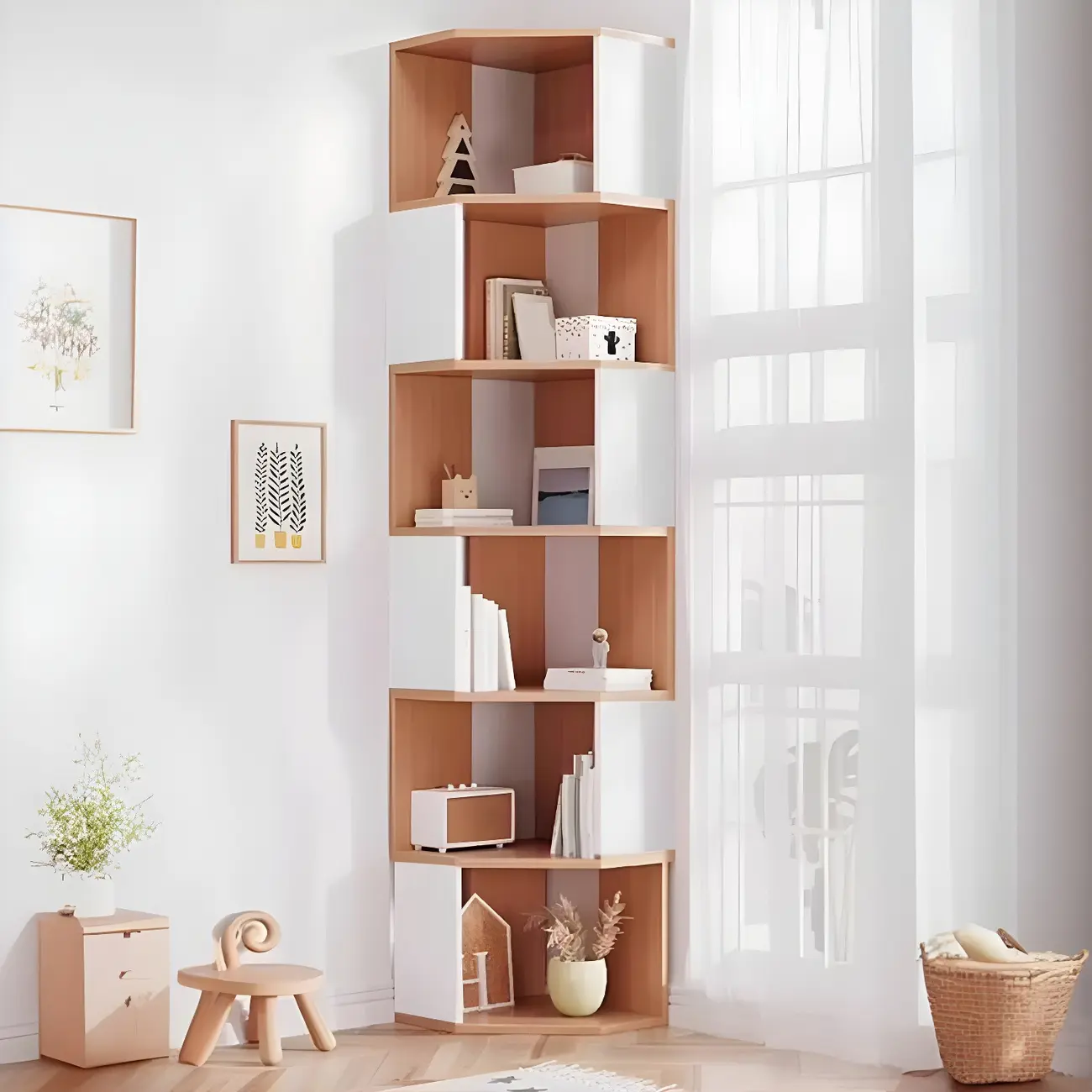Tall 5-Tier Wooden Corner Bookcase for Small Spaces Image - 24 | homeyfad