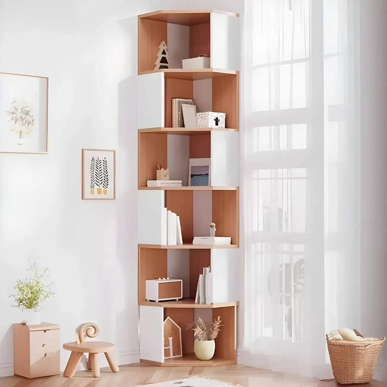 Tall 5-Tier Wooden Corner Bookcase for Small Spaces Image - 24