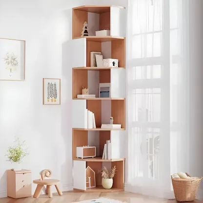 Tall 5-Tier Wooden Corner Bookcase for Small Spaces Image - 24