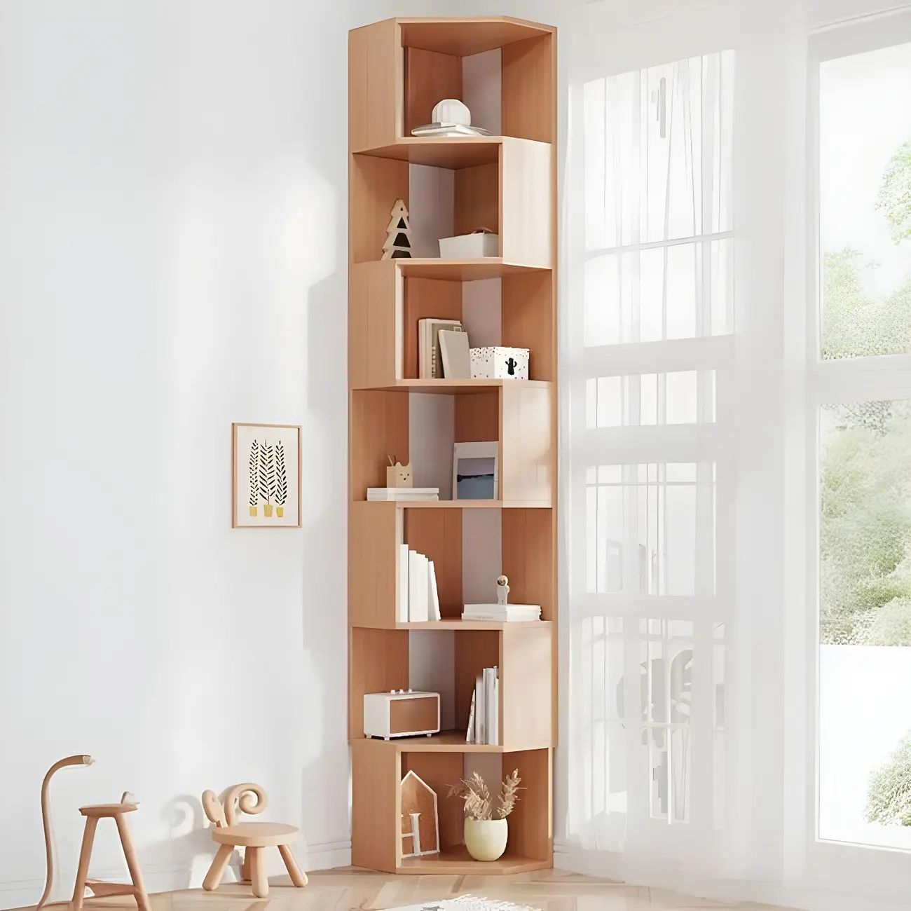 Tall 5-Tier Wooden Corner Bookcase for Small Spaces Image - 25 | homeyfad