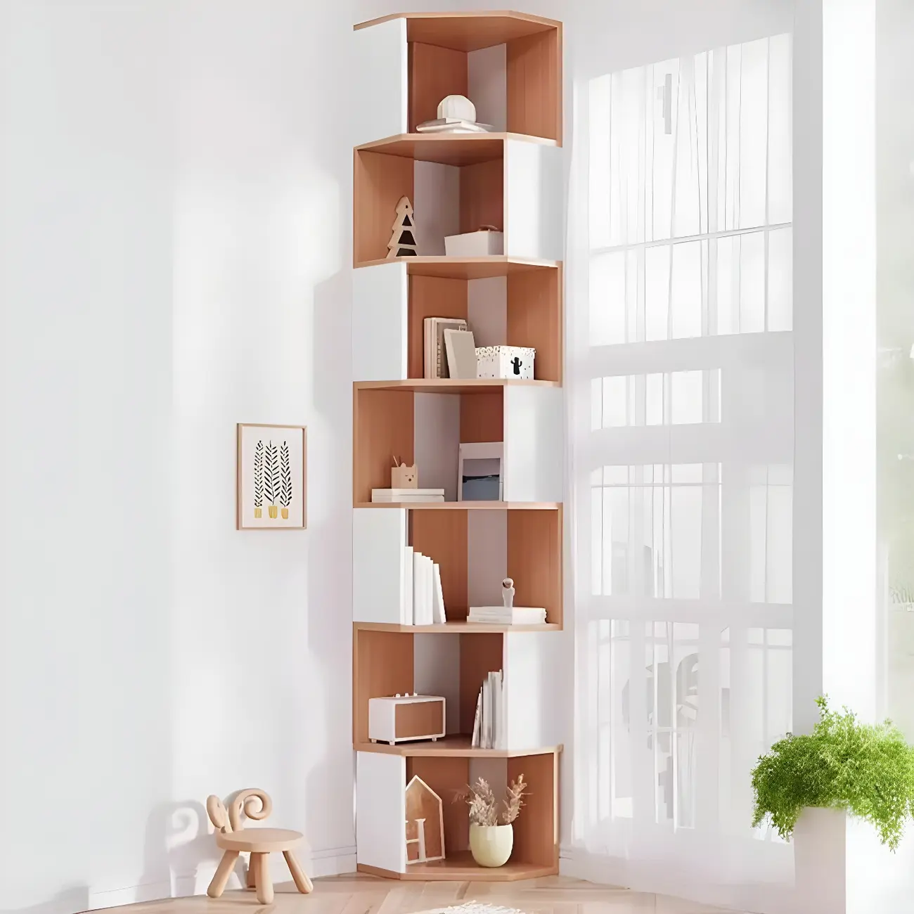 Tall 5-Tier Wooden Corner Bookcase for Small Spaces Image - 26 | homeyfad
