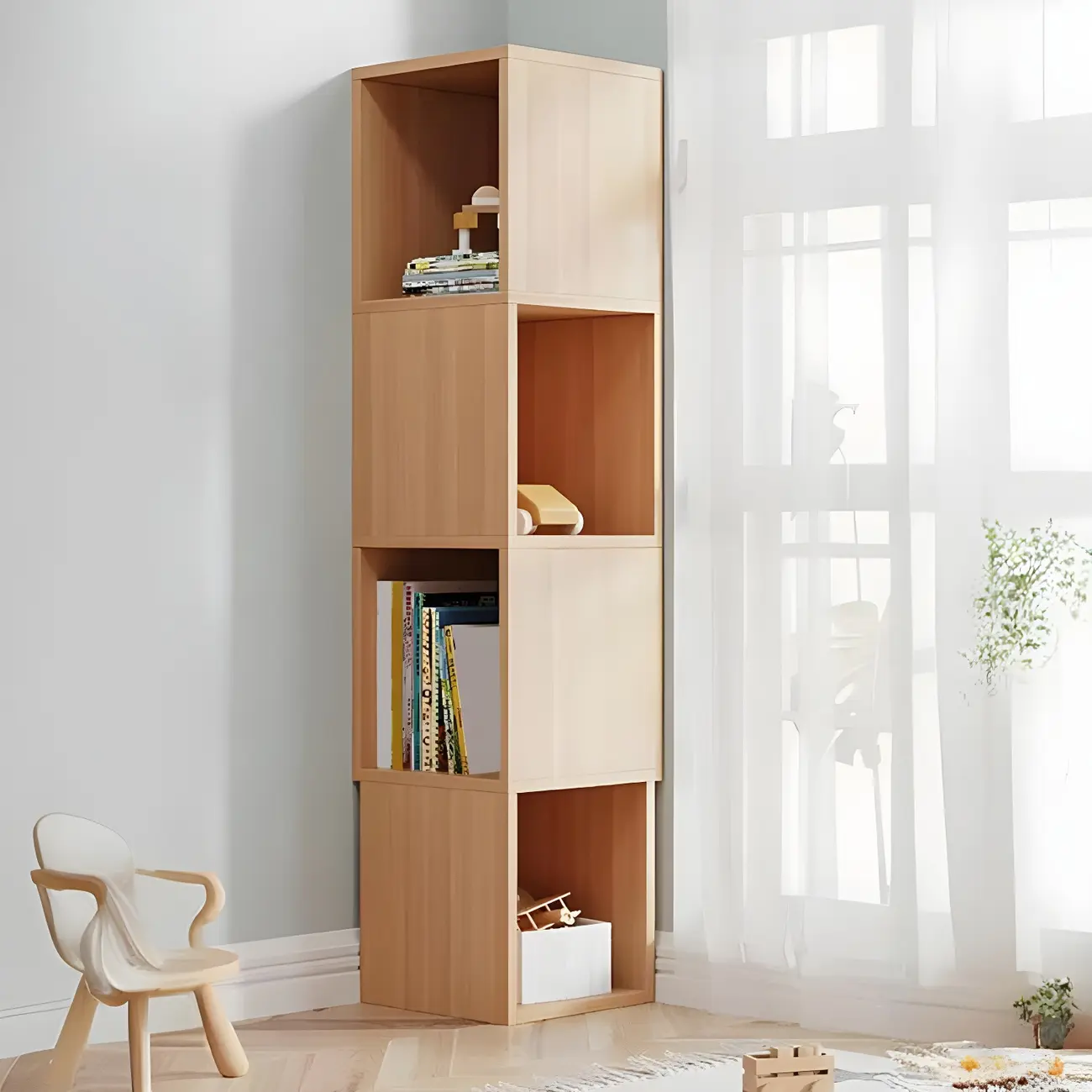 Tall 5-Tier Wooden Corner Bookcase for Small Spaces Image - 27 | homeyfad