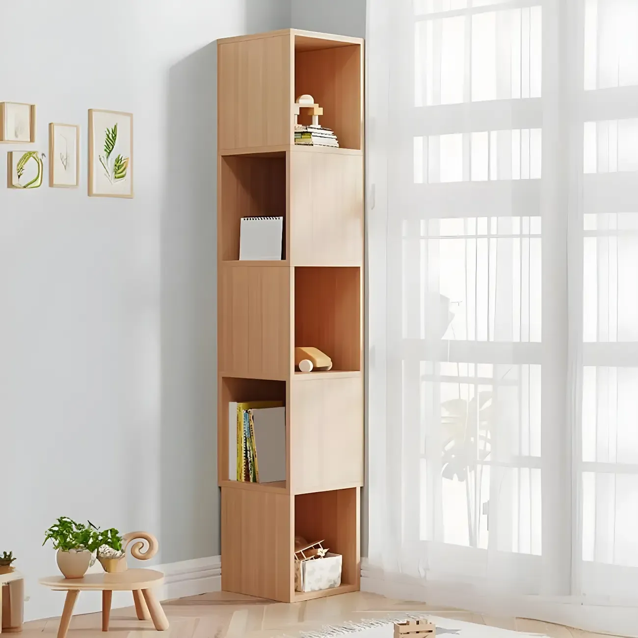 Tall 5-Tier Wooden Corner Bookcase for Small Spaces Image - 29
