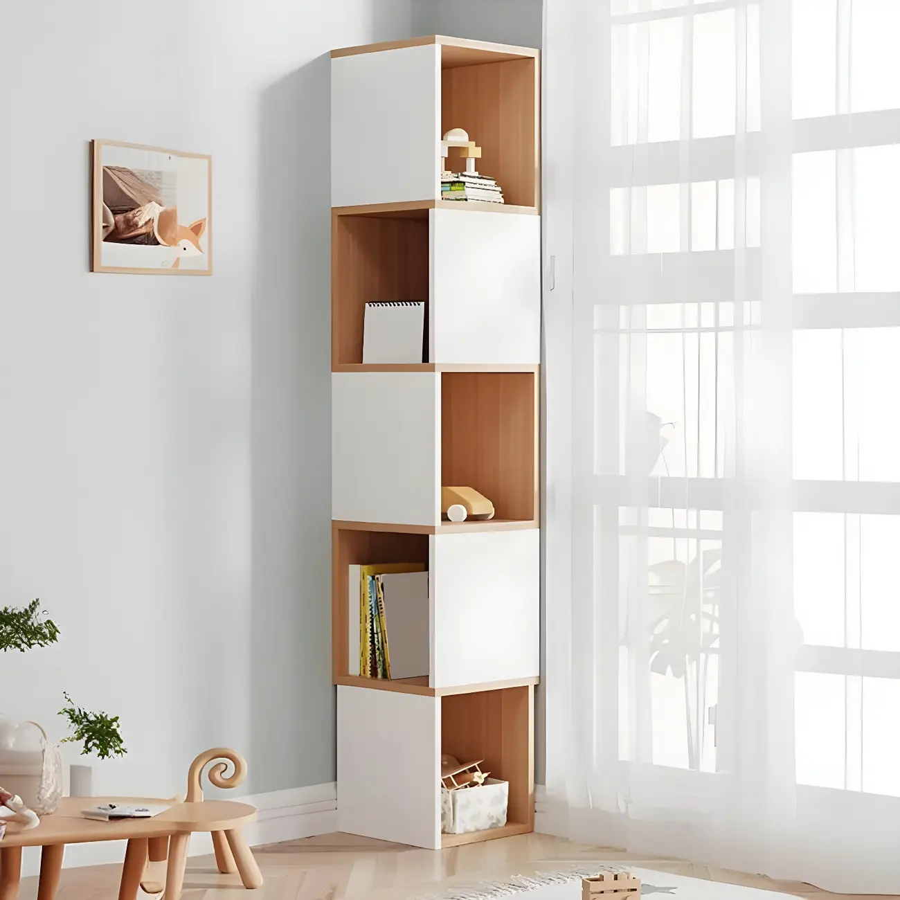 Tall 5-Tier Wooden Corner Bookcase for Small Spaces Image - 30 | homeyfad