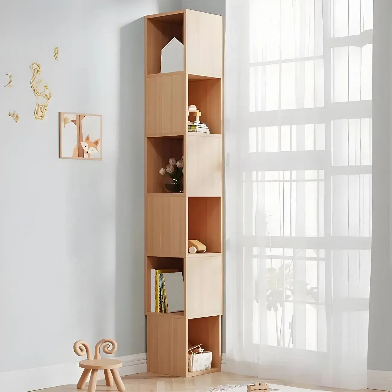 Tall 5-Tier Wooden Corner Bookcase for Small Spaces Image - 31