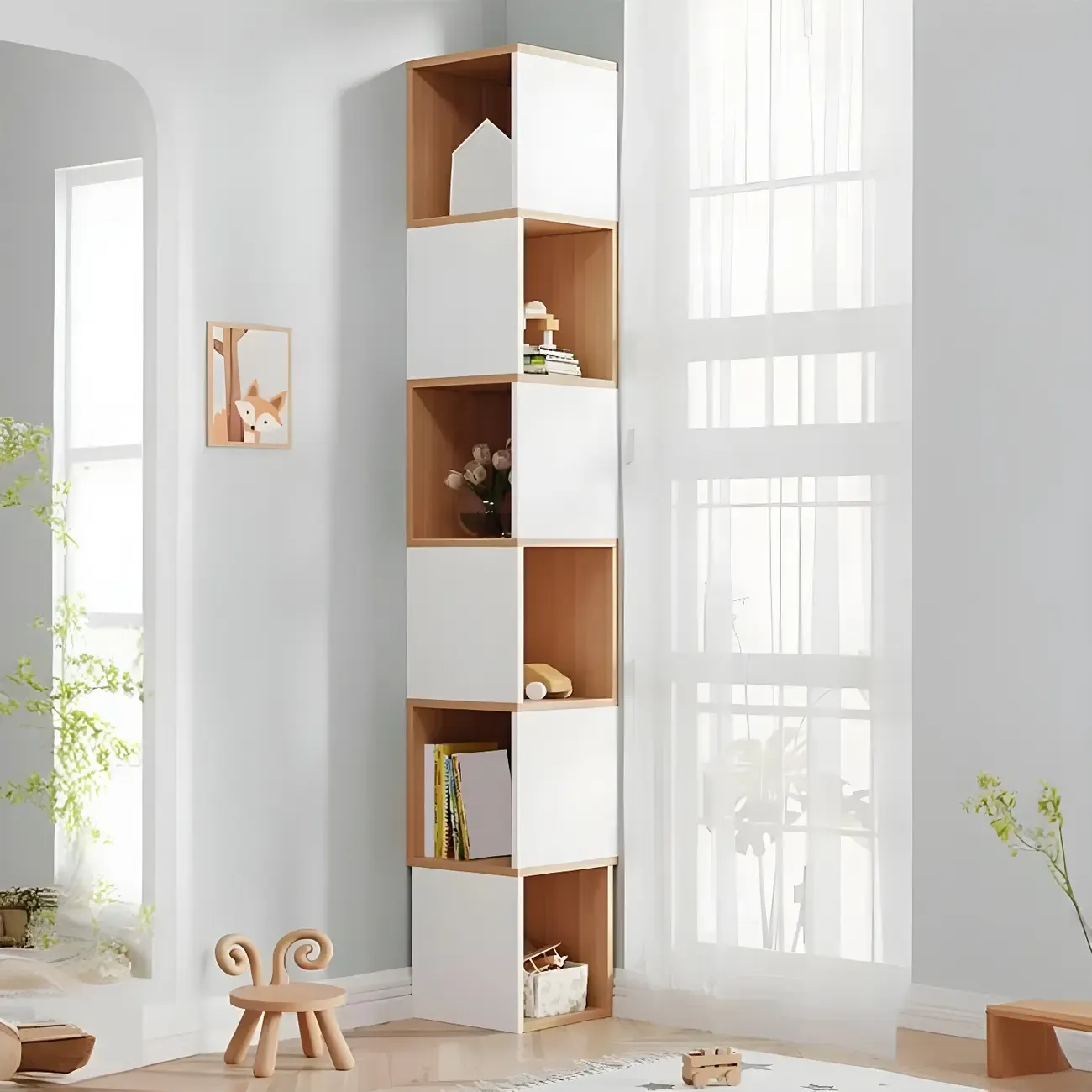 Tall 5-Tier Wooden Corner Bookcase for Small Spaces Image - 32