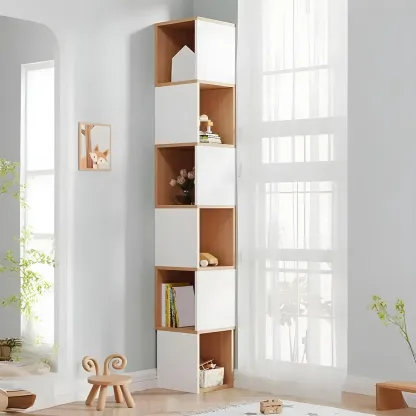 Tall 5-Tier Wooden Corner Bookcase for Small Spaces Image - 32