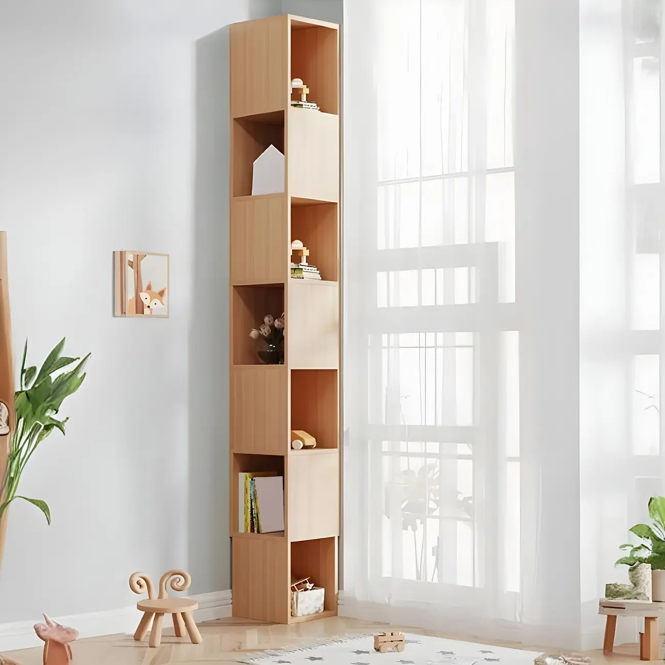 Tall 5-Tier Wooden Corner Bookcase for Small Spaces Image - 33 | homeyfad