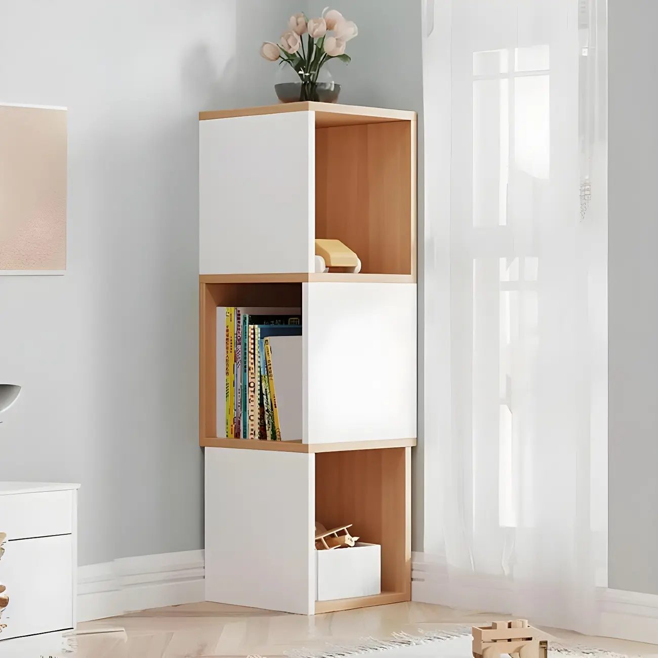 Tall 5-Tier Wooden Corner Bookcase for Small Spaces Image - 35 | homeyfad