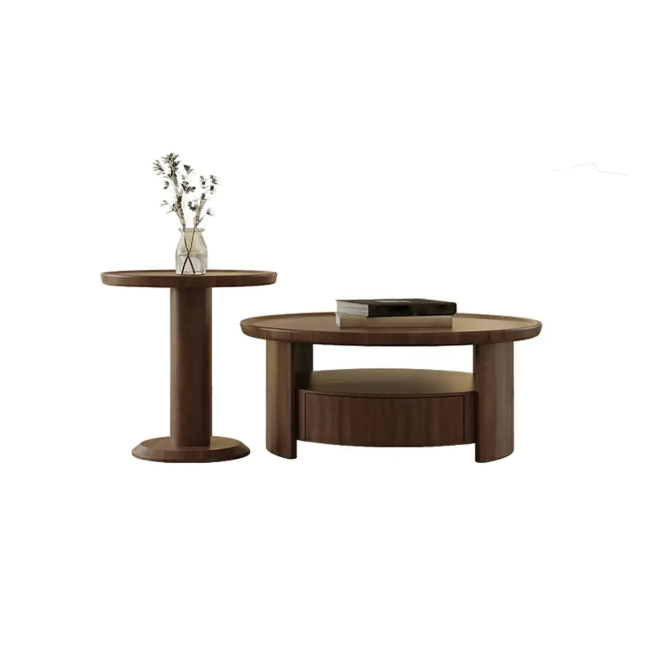 Brown Round Drawer Scandinavian Wood Coffee Table Image - 6