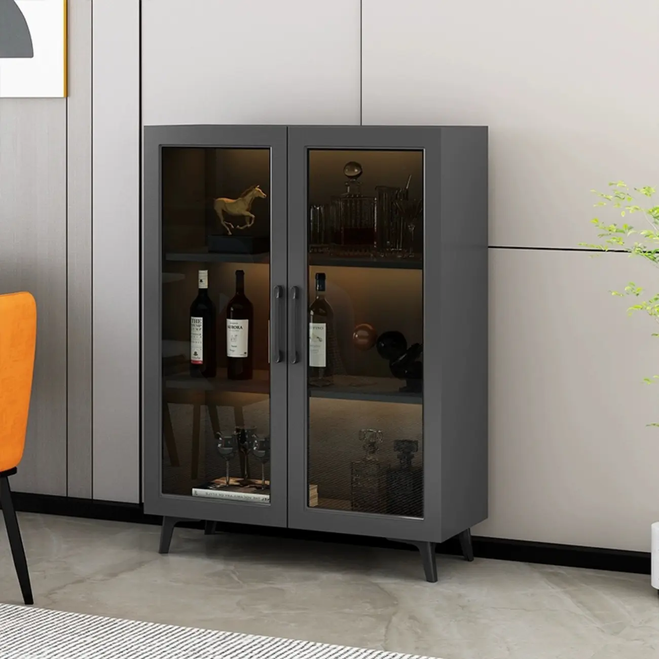Gray Modern Display Cabinet with Metal Base and Glass Door Image - 11 | homeyfad