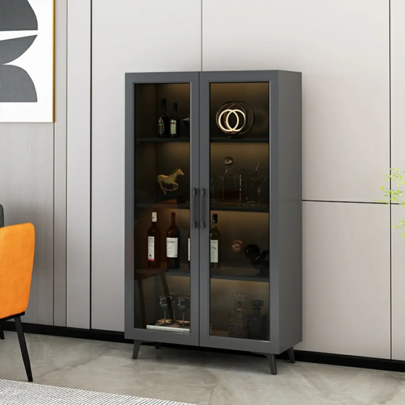 Gray Modern Display Cabinet with Metal Base and Glass Door Image - 13 | homeyfad