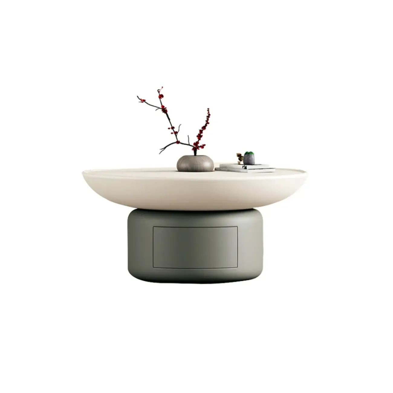Gray White Round Minimal Wood Coffee Table with Drawer Image - 8