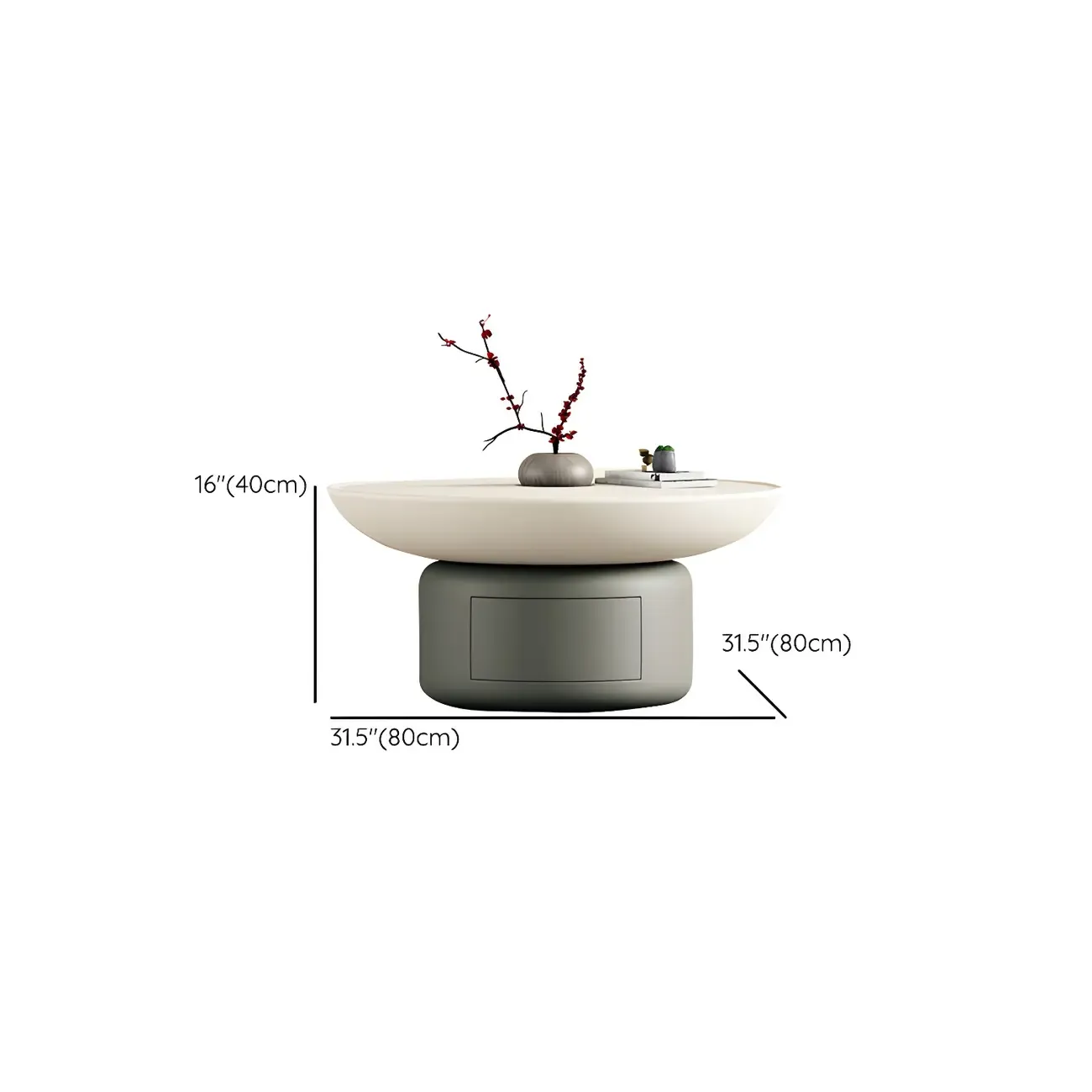 Gray White Round Minimal Wood Coffee Table with Drawer #size