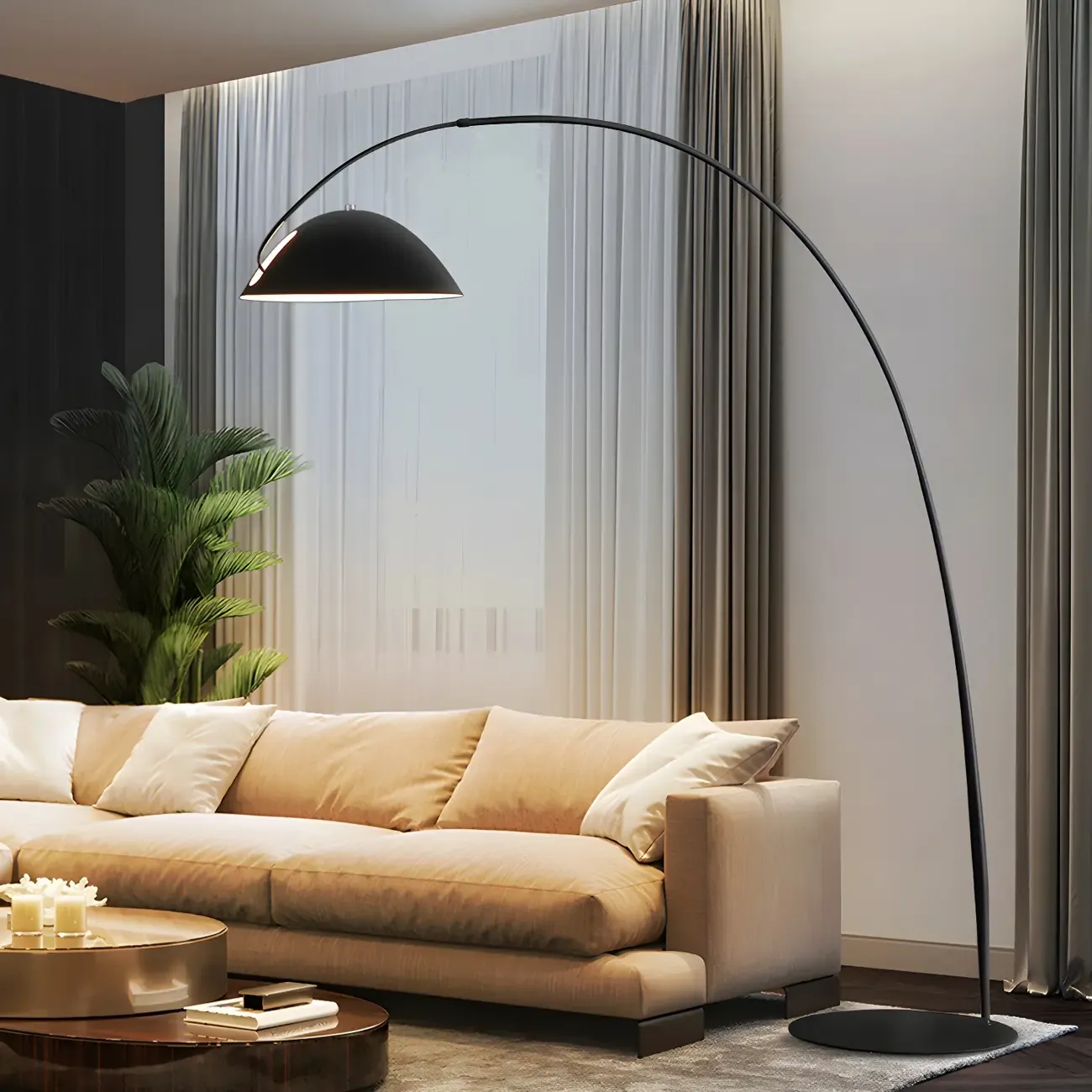 Black Adjustable Dome Shade Arc Metal Floor Lamp Image - 1