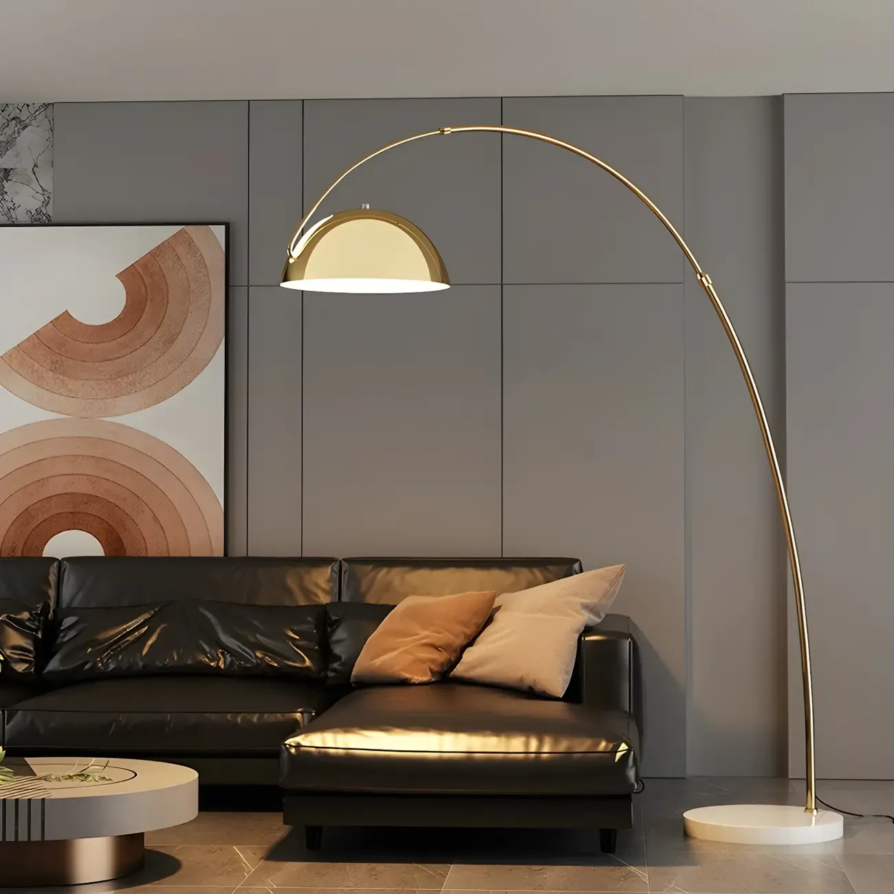 Black Adjustable Dome Shade Arc Metal Floor Lamp Image - 2