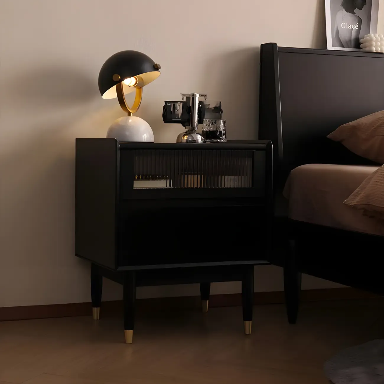 Narrow Black Wood Drawer Storage Bedroom Nightstand Image - 3