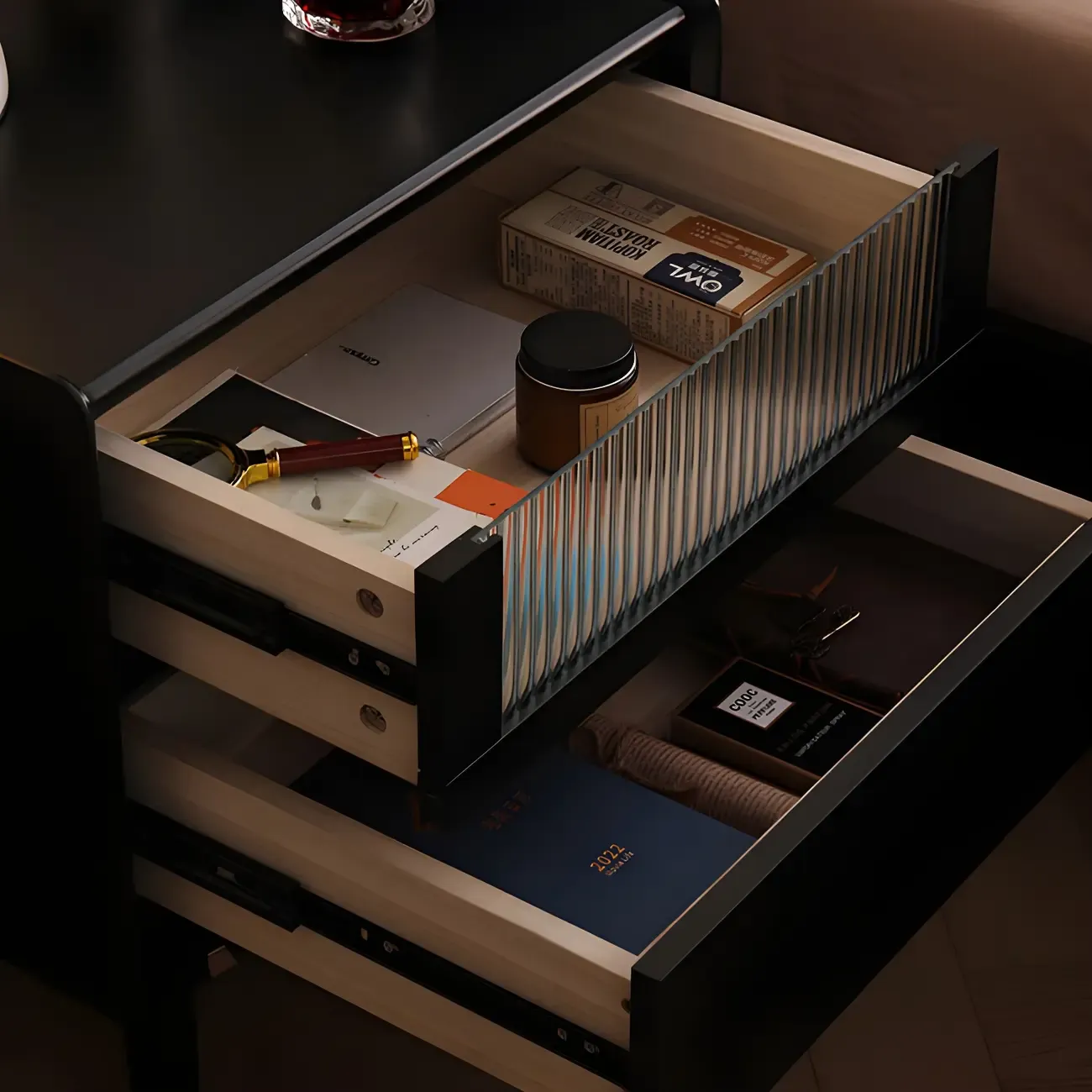 Narrow Black Wood Drawer Storage Bedroom Nightstand Image - 14