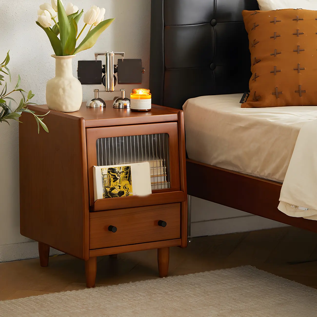 Compact Brown Solid Wood Bedside Storage Nightstand Image - 1 | homeyfad
