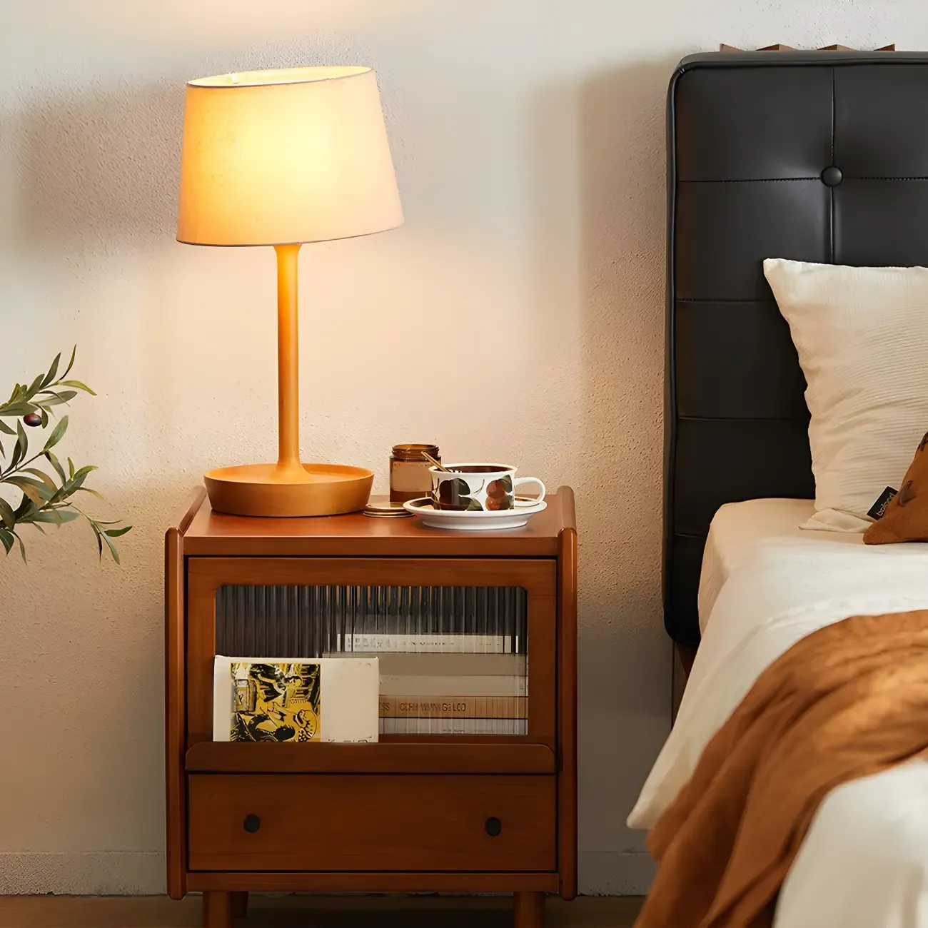 Compact Brown Solid Wood Bedside Storage Nightstand Image - 2