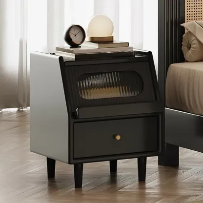 Narrow Black Wooden Drawer Storage Bedroom Nightstand Image - 3