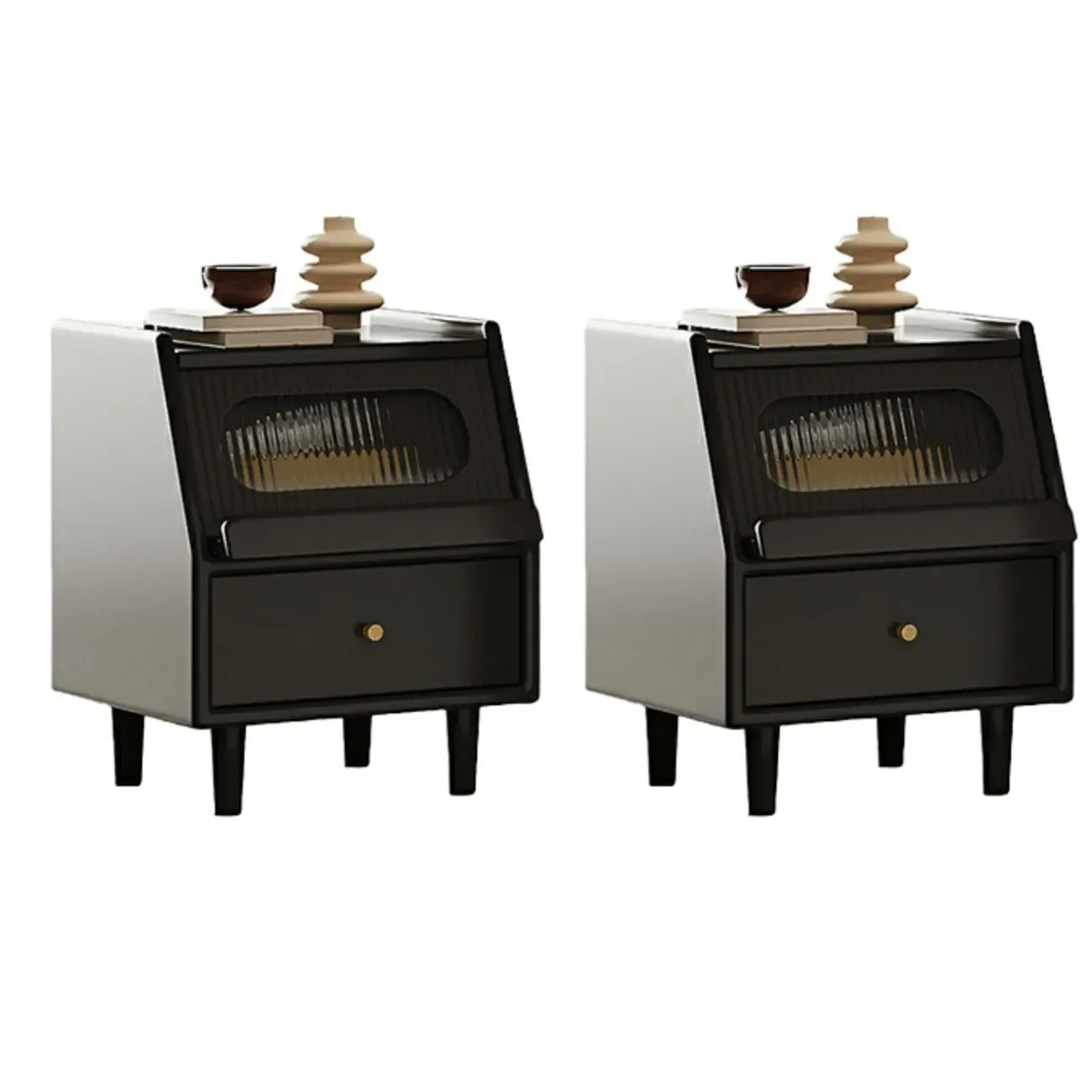 Narrow Black Wooden Drawer Storage Bedroom Nightstand Image - 7