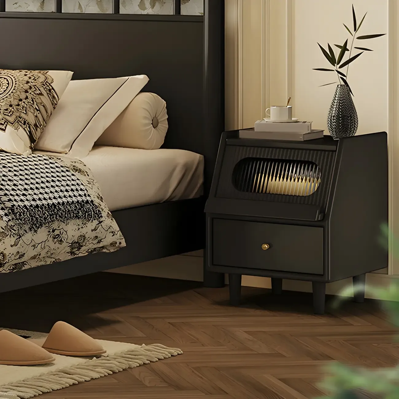 Narrow Black Wooden Drawer Storage Bedroom Nightstand Image - 2